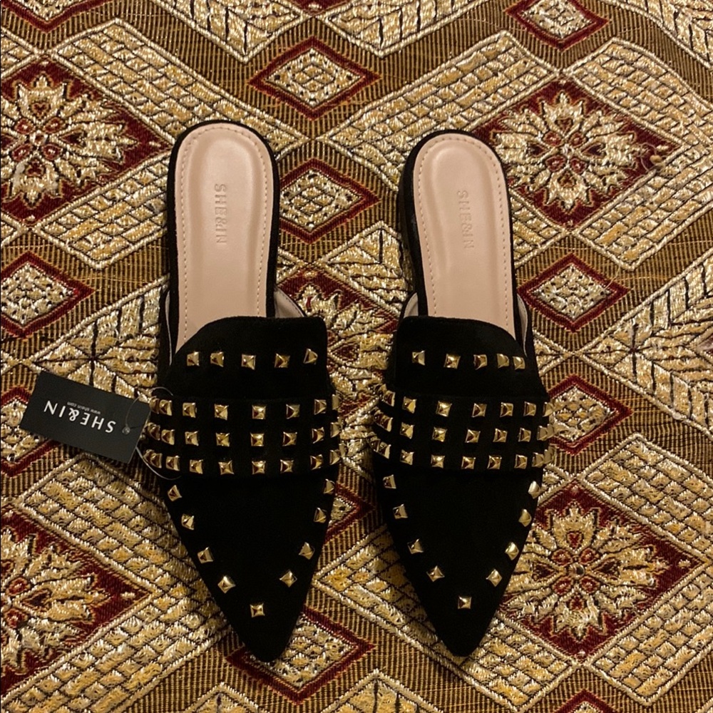 SHEIN Black and Gold Studded Suede Mules - Picture 6 of 7